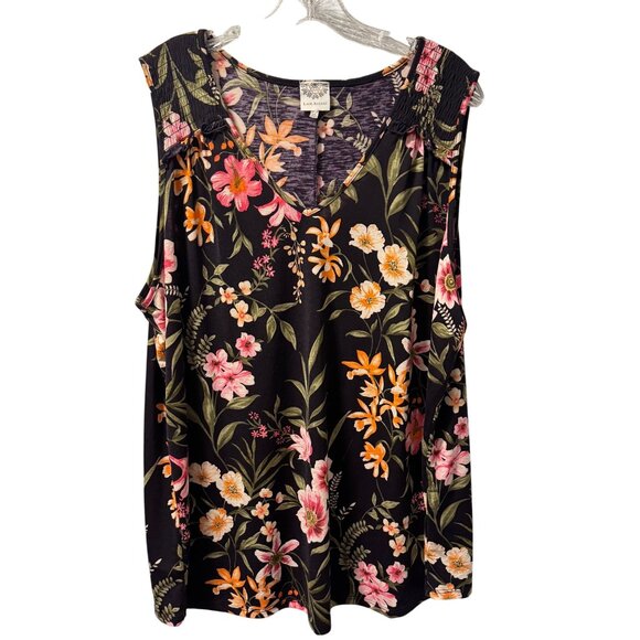 Late August Womens Floral Sleeveless Top Sz 2X Black Multi-Color Lightweight Blo - Picture 1 of 12